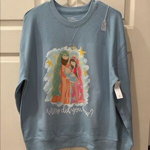 Christmas Nativity Scene on Time and Tru Teal Knit Sweatshirt New/tags